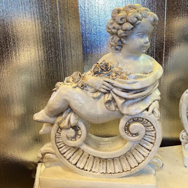 Large cherub roses interior statue concrete painted.  Faces right 3D Shabby Chic.  There is a pair available